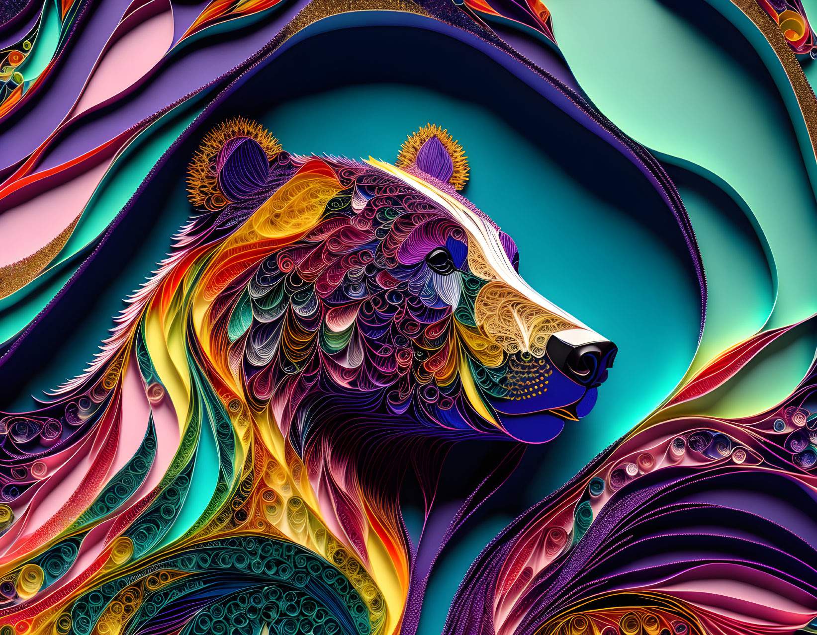 Vibrant digital artwork of a bear with swirling patterns