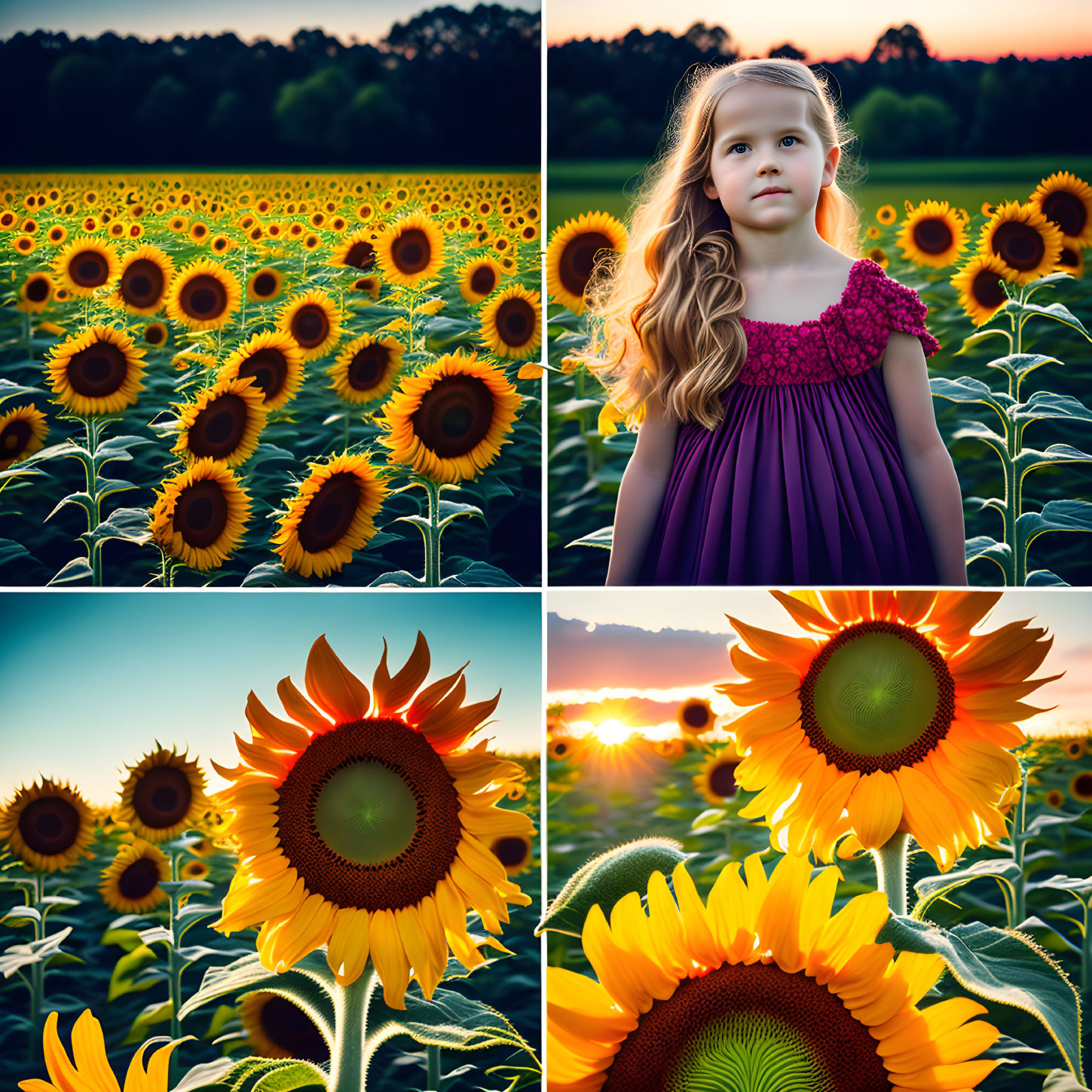 Sunflower Field Collage: Sunset Views with Young Girl in Purple Dress