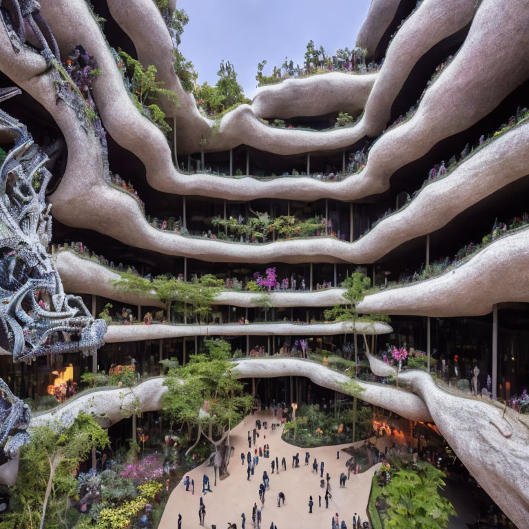 Organic-shaped balconies with vegetation overlooking bustling atrium