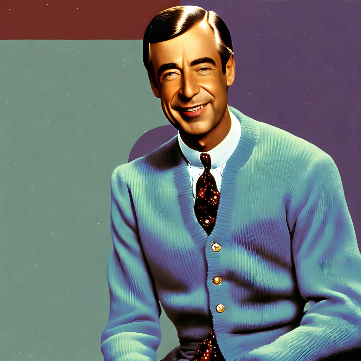 Smiling man in cardigan and tie on two-tone background