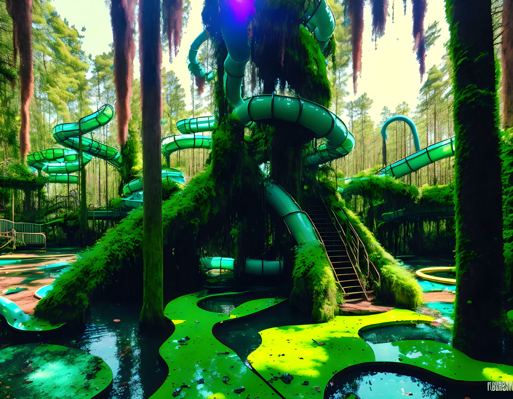 Overgrown water park reclaimed by nature