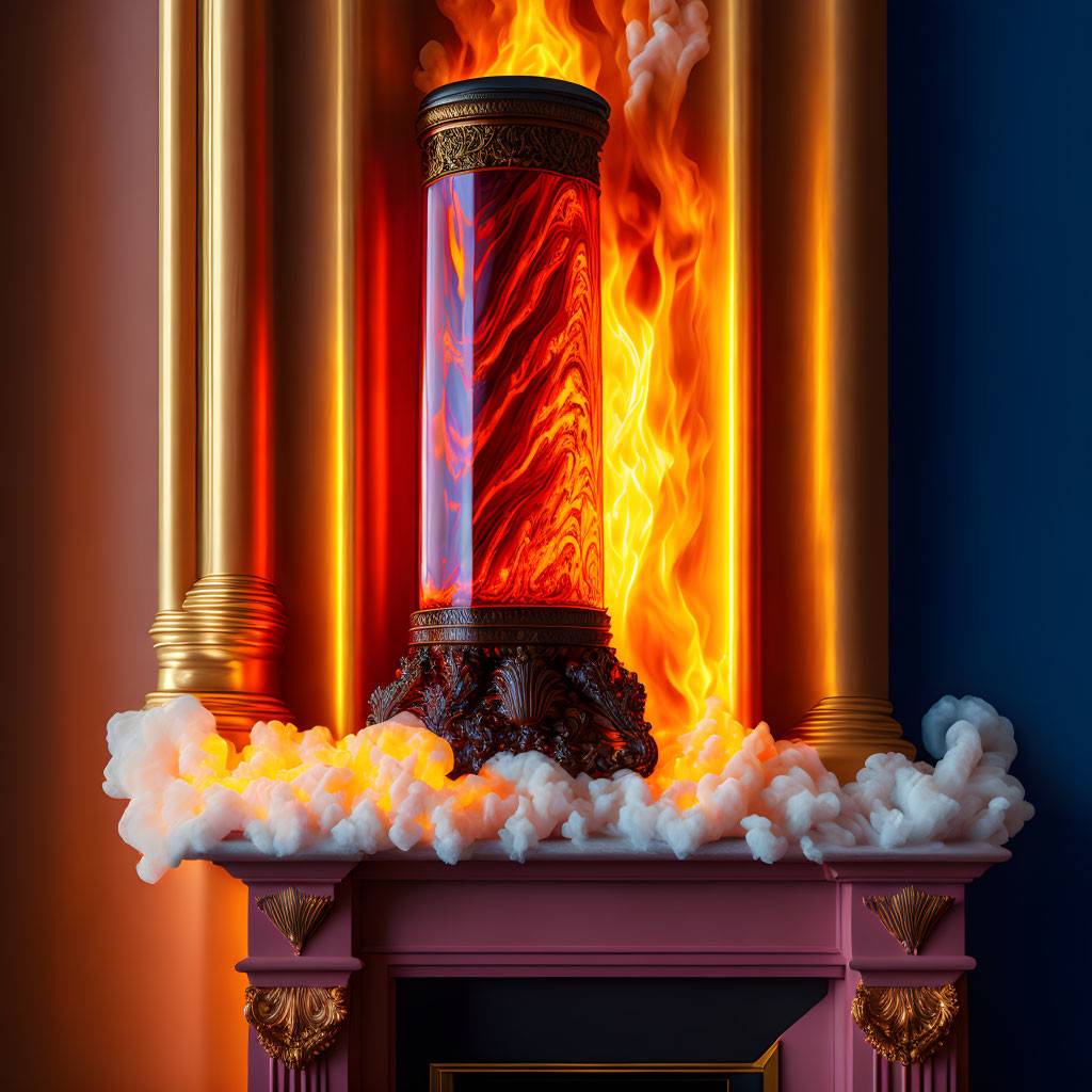 Surreal image of classic fireplace with vibrant fire column and golden pillars