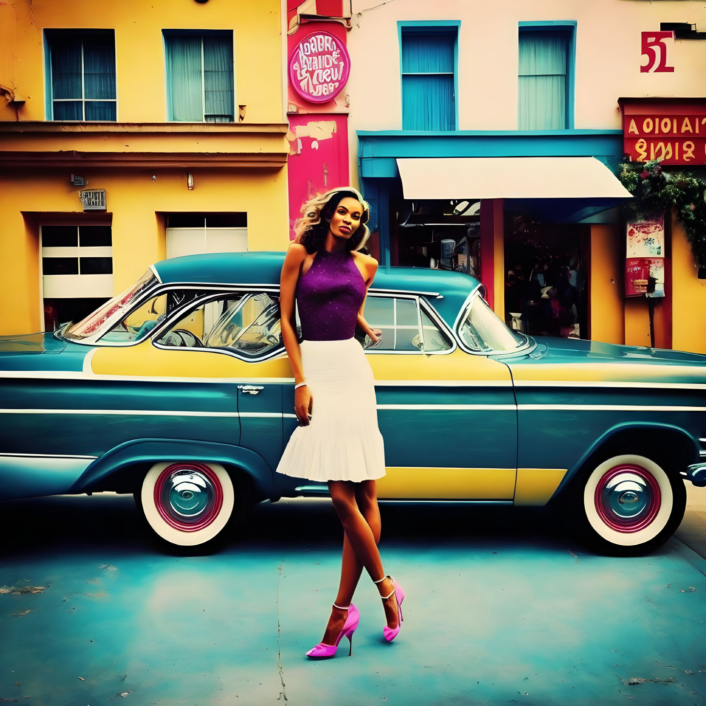 Woman in purple top and white skirt beside classic car on vibrant street