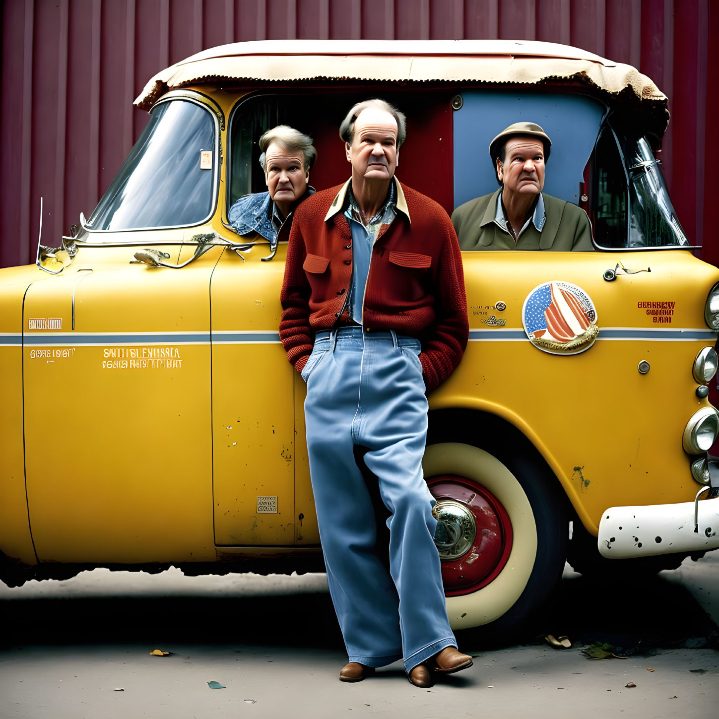 Elderly individuals by vintage yellow pickup truck.