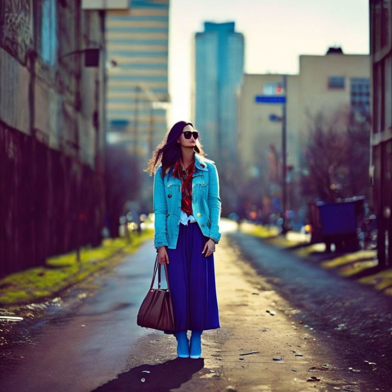 Woman in Sunglasses and Blue Jacket on Urban Street with Purse