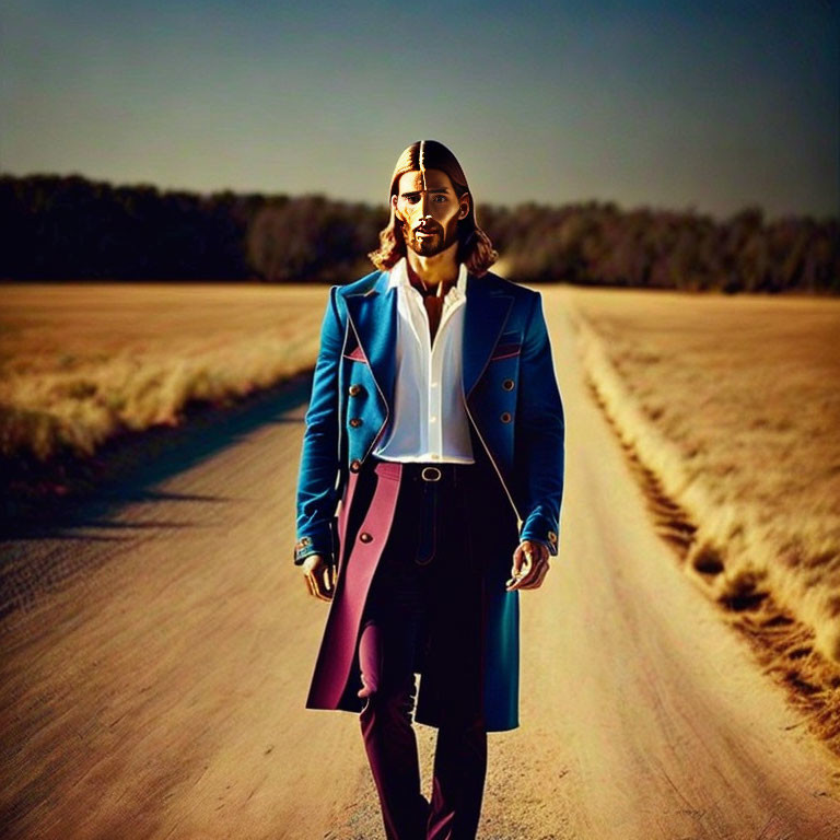 Stylish Man Walking on Rural Road at Sunset