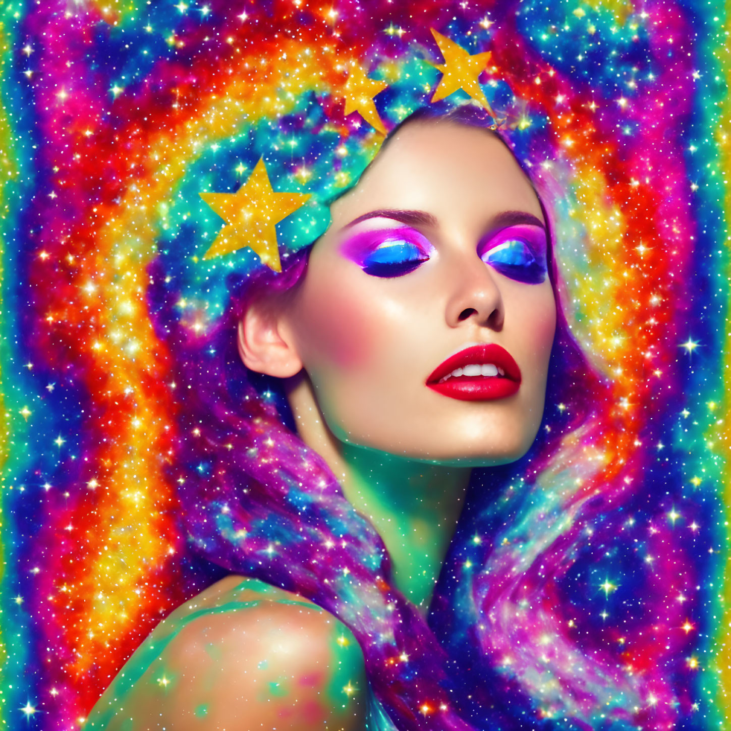 Colorful portrait of woman with galaxy makeup in cosmic setting