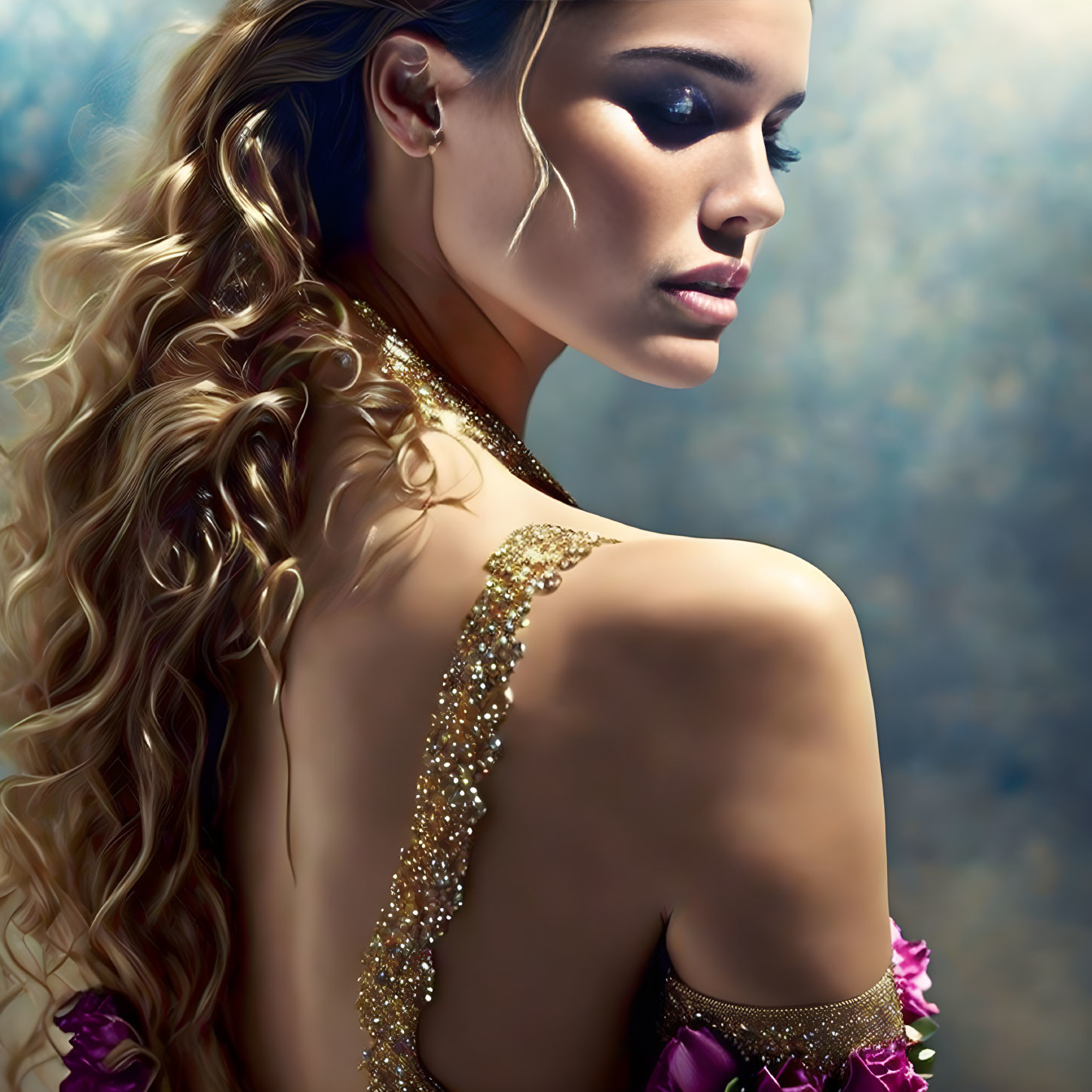 Portrait of woman with long curly hair, bare back, golden chain, purple floral dress.