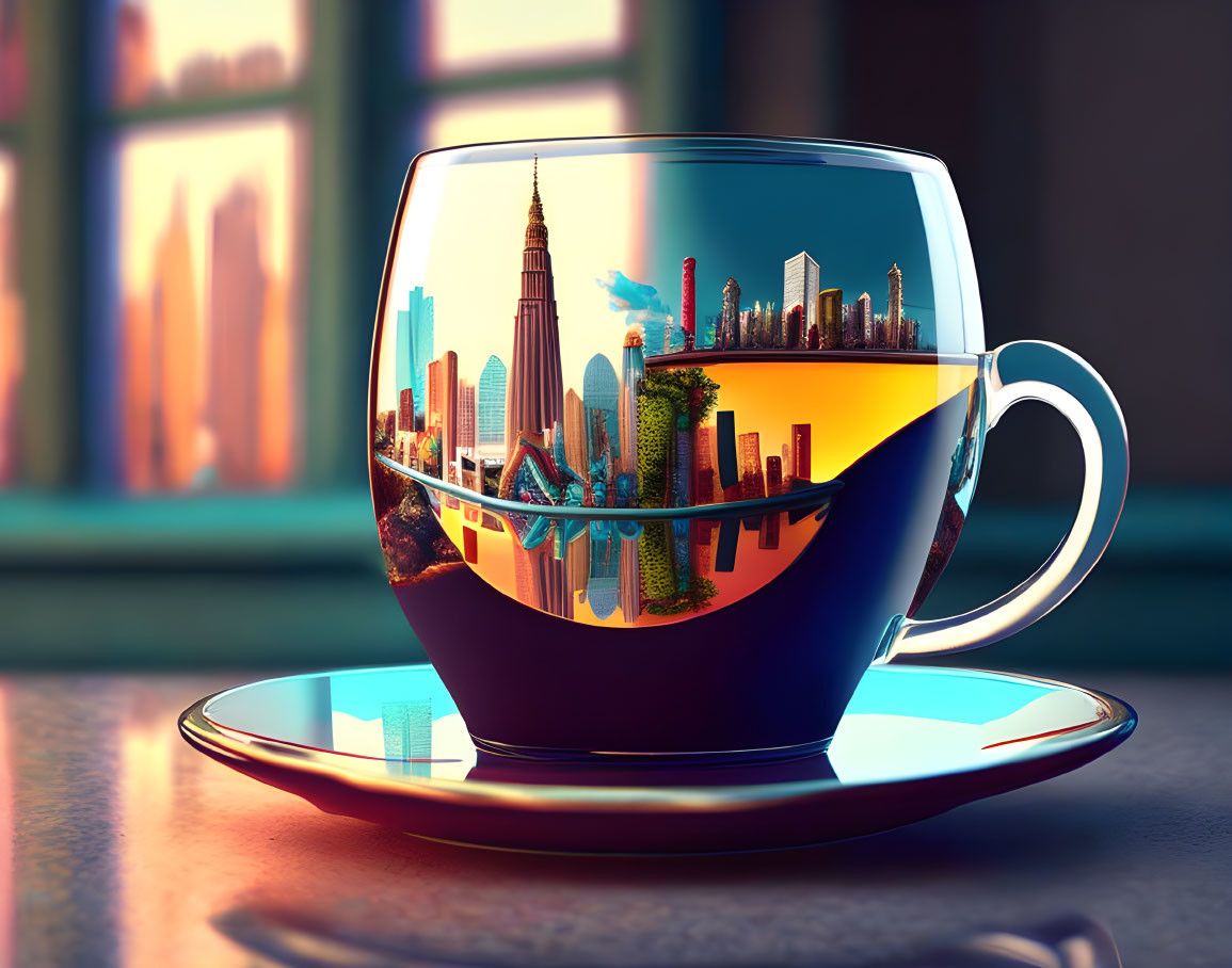 Transparent Teacup on Saucer Reflects Cityscape Sunset