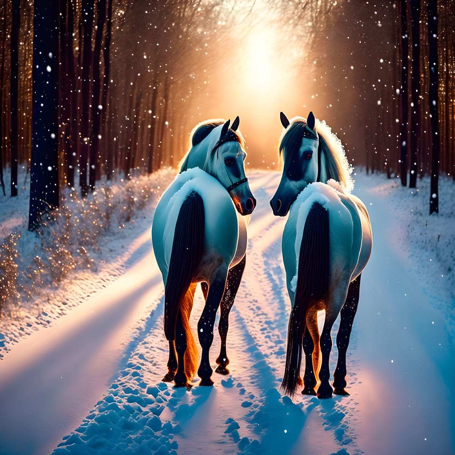 Two horses in snowy forest at sunset with long shadows and falling snowflakes