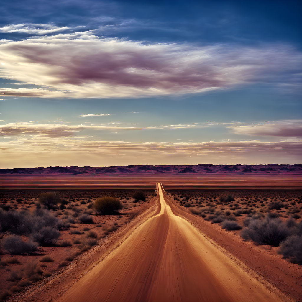 Straight Dirt Road in Vast Desert Landscape at Twilight