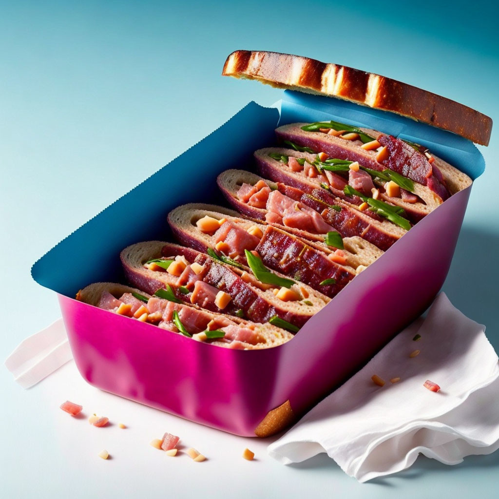 Bacon and herb-stuffed bread in pink dish on blue background