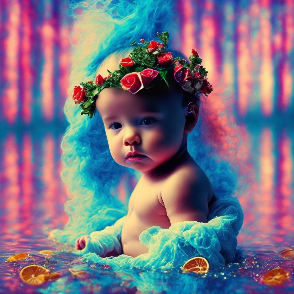 Baby with Rose Wreath and Blue Hair Surrounded by Orange Slices