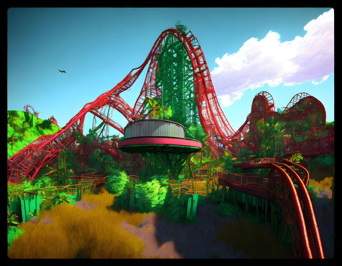 Red roller coaster with loops in lush amusement park under blue skies