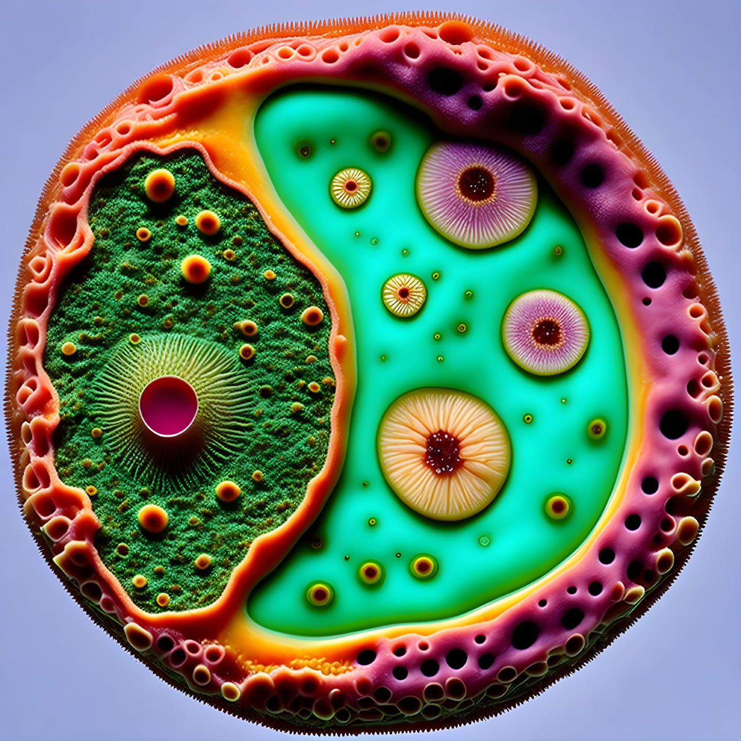 Colorful Abstract Digital Art: Intricate Cell Structure in Green, Orange, and Purple