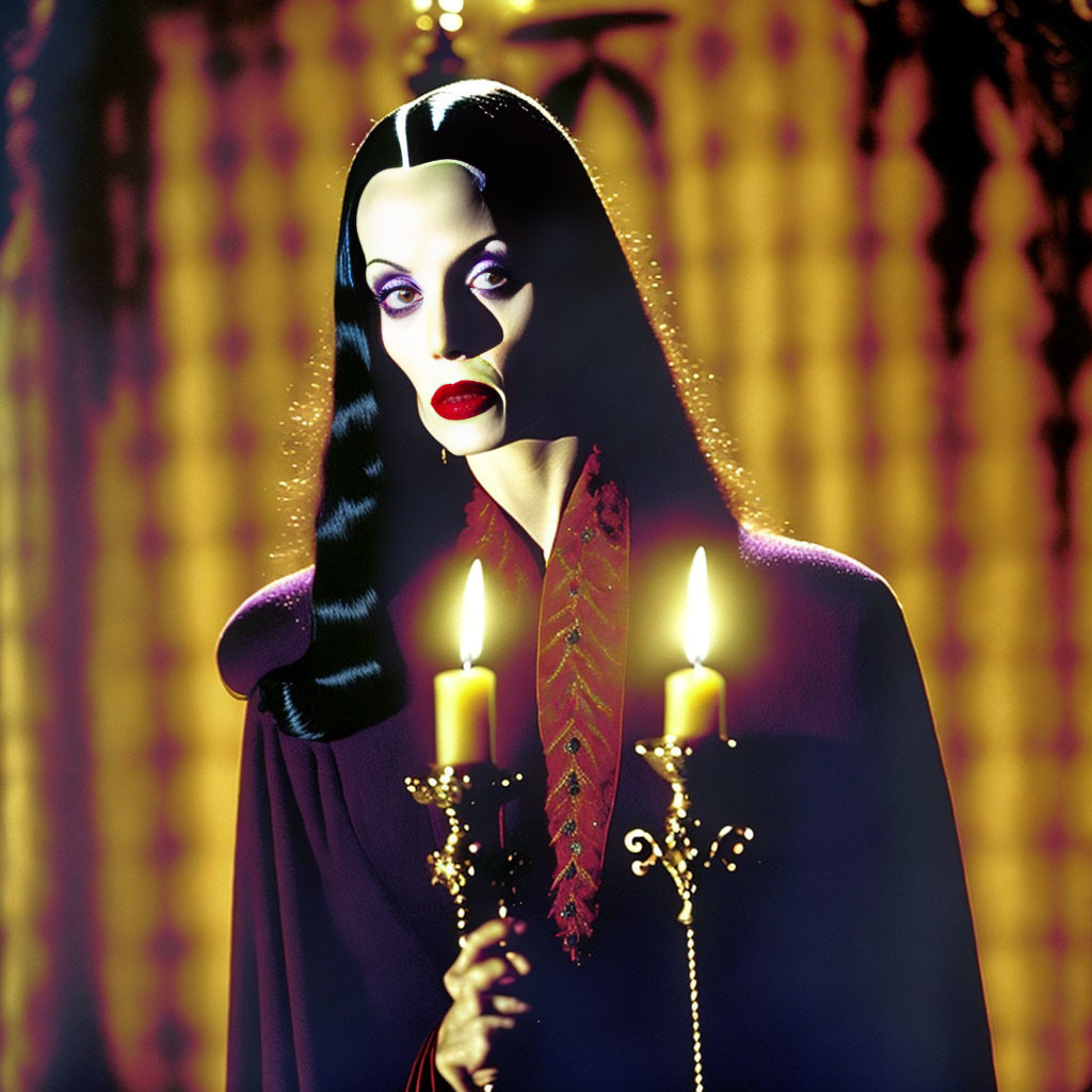 Pale-skinned person with dark lipstick and candles in mysterious setting