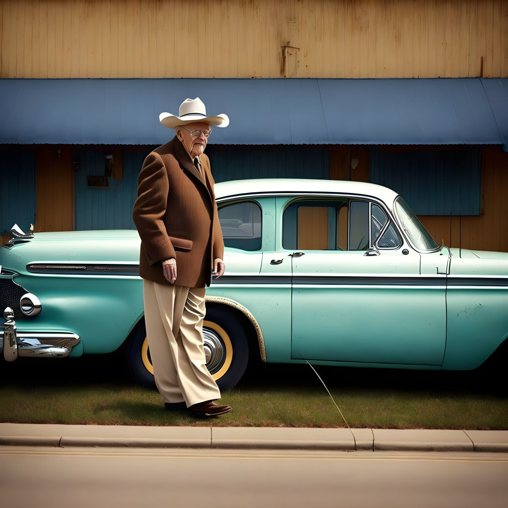 Elderly Man in Cowboy Hat with Vintage Car Against Yellow Wall