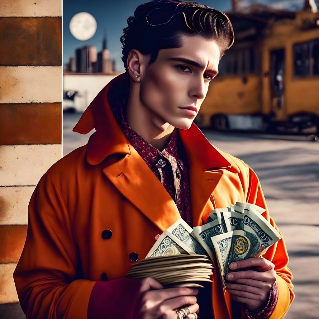 Fashionable individual in orange coat with money stack, urban scene with yellow bus