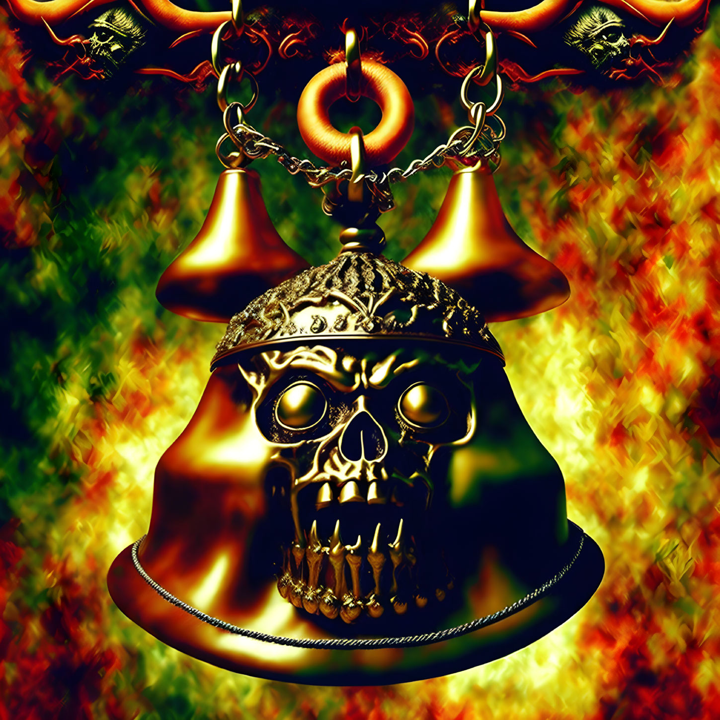 Gothic-style image: Skull in bell with ornate details, chains, fiery abstract background