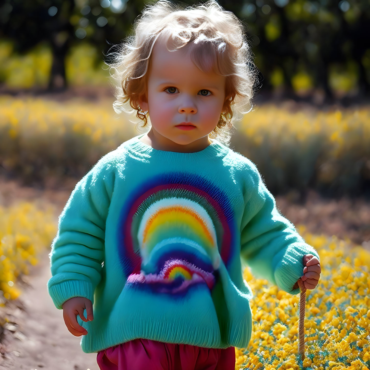 Curly-Haired Toddler in Rainbow Sweater Among Yellow Flowers