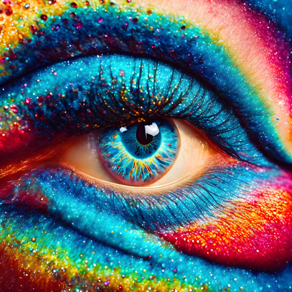 Rainbow-colored makeup close-up on vibrant blue eye.