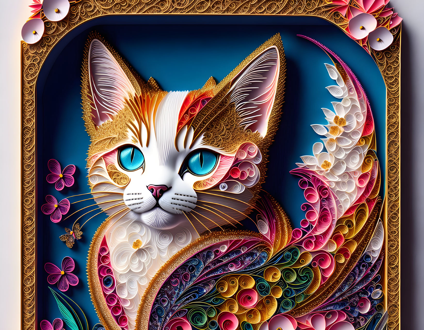 Vibrant 3D paper art of a cat with flowers, patterns, and butterflies