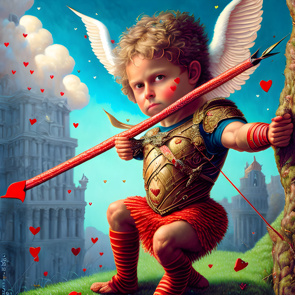 Cupid with Bow and Arrow in Roman Armor Surrounded by Hearts