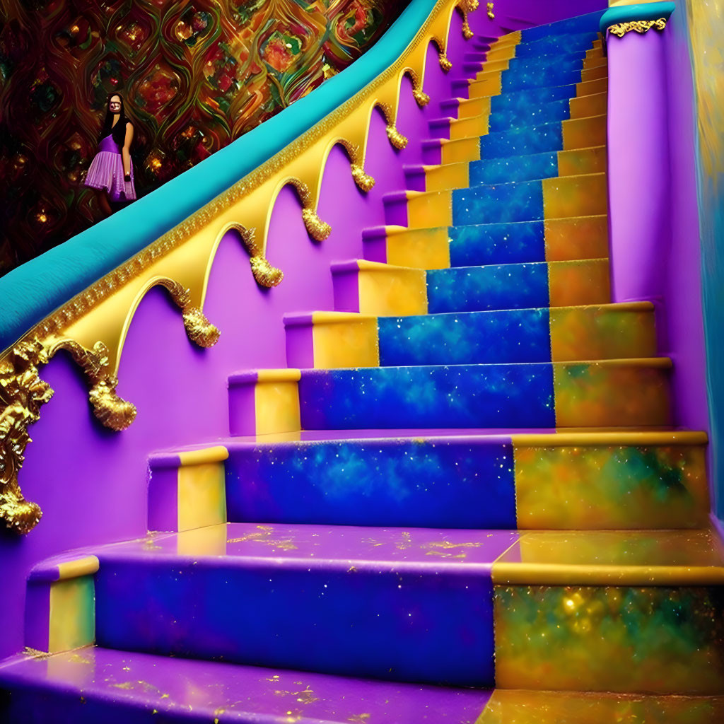 Colorful Cosmic Design Staircase with Gold Accents and Figure in Background