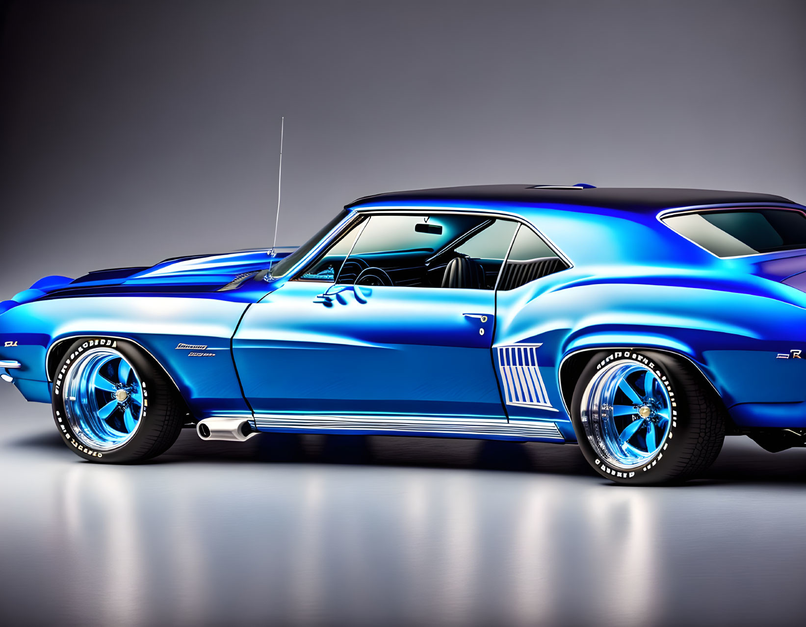 Blue Muscle Car with Racing Stripes & Custom Wheels on Grey Background