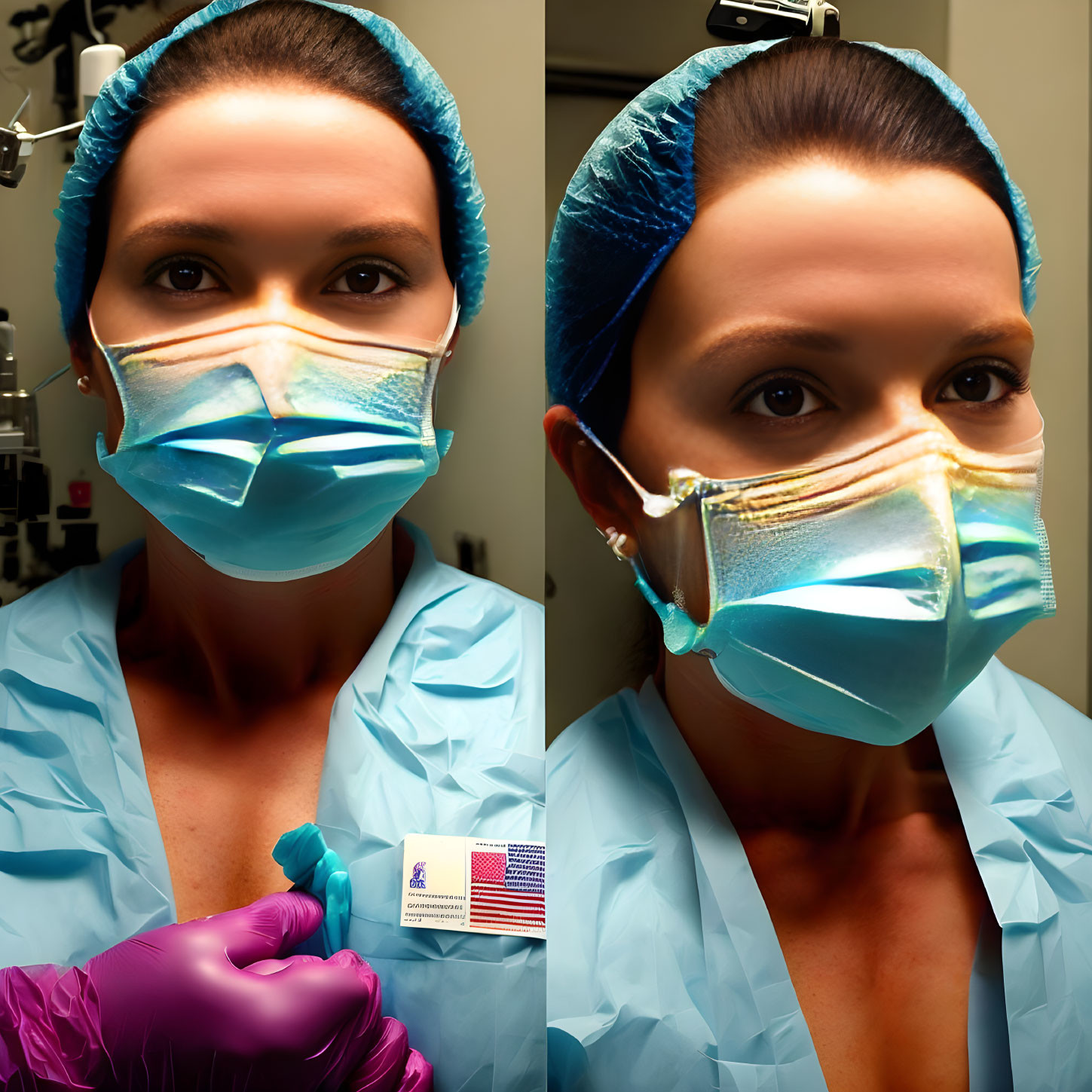 Healthcare Professional in Blue Scrubs with American Flag Badge in Clinical Setting