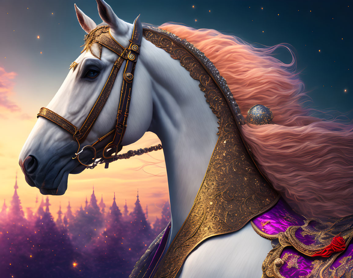 White horse with pink mane in golden bridle under twilight sky