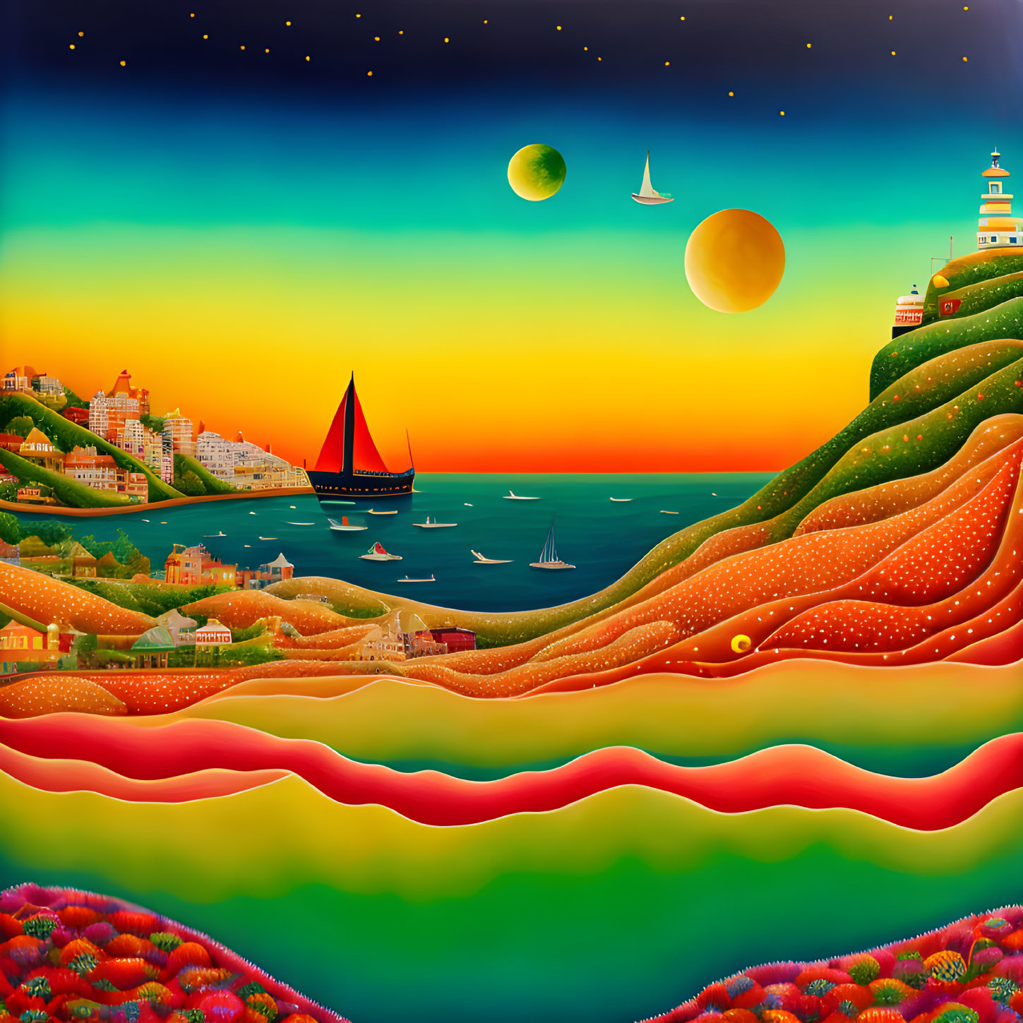 Surreal landscape with hills, coastal town, sailboat, lighthouse, starry sky,