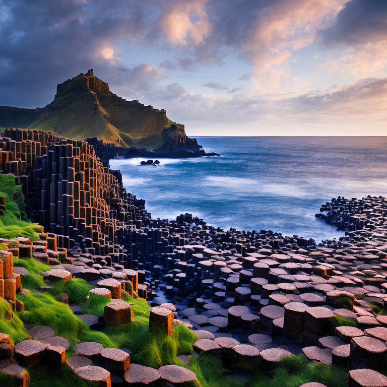 Hexagonal basalt columns at Giant's Causeway under sunset glow