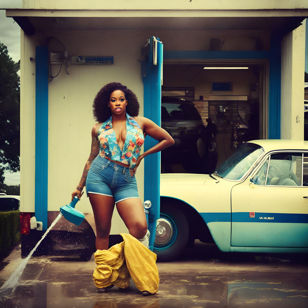 Confident woman in denim shorts and floral top at classic car wash