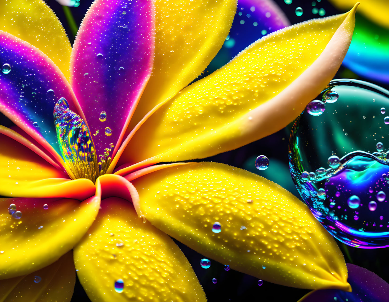 Colorful Flower with Yellow and Pink Petals and Water Droplets