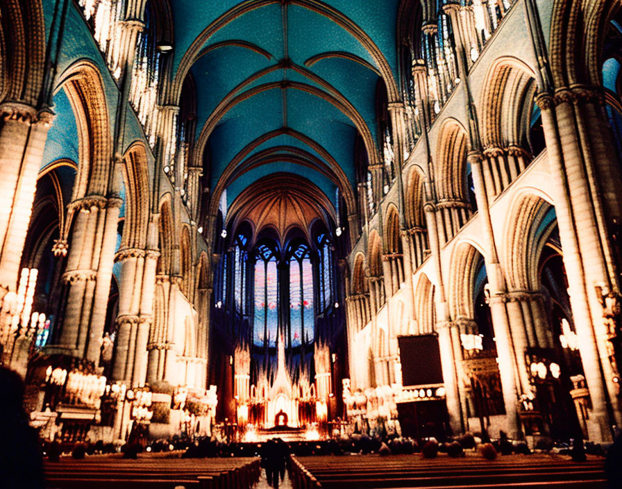 Gothic Cathedral Interior with Vaulted Ceilings and Stained Glass Windows