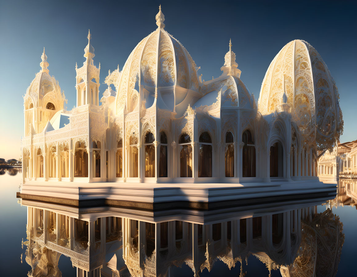 White Gothic Palace Reflected in Tranquil Water Under Clear Blue Sky