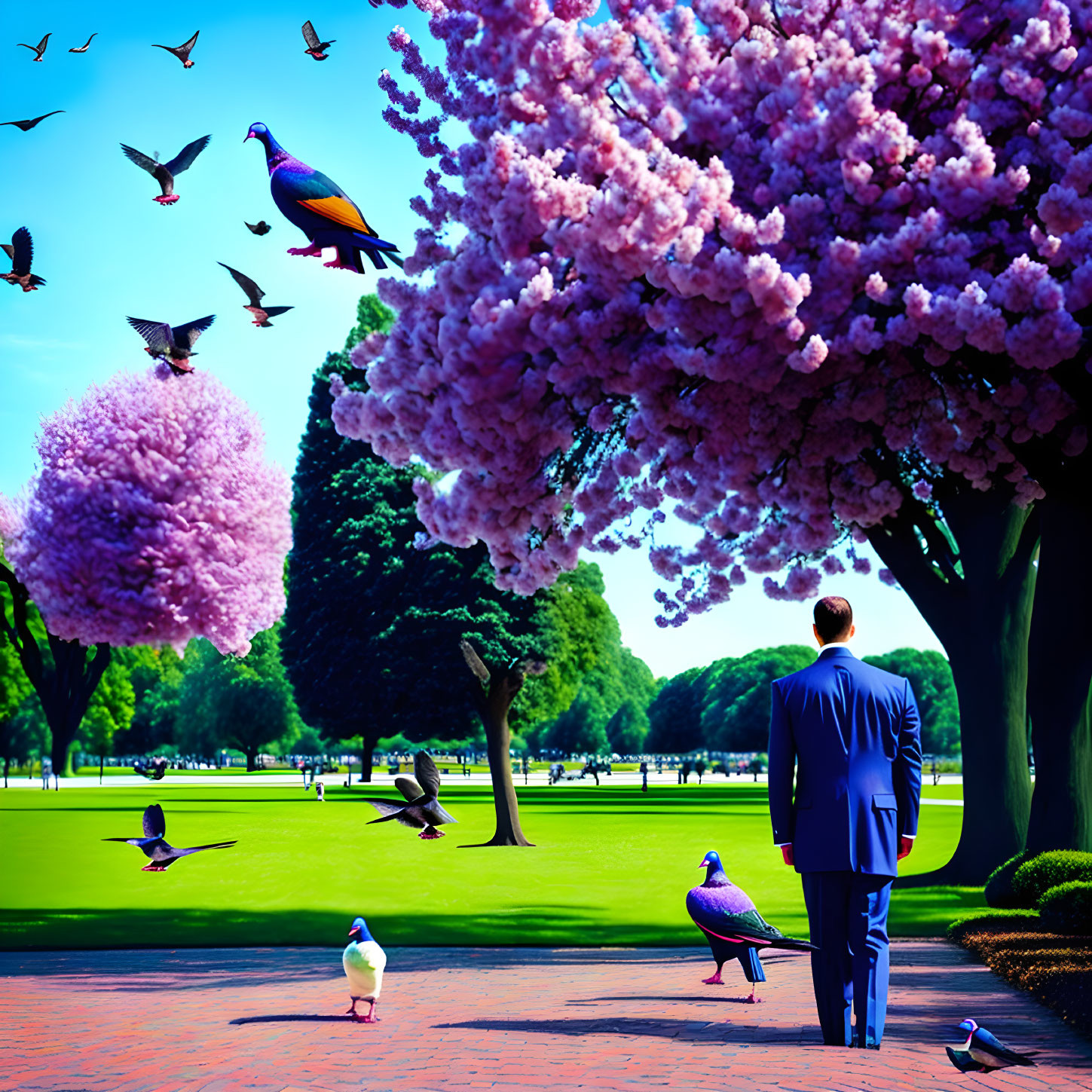 Man in Blue Suit in Vibrant Park with Pink Trees and Pigeons