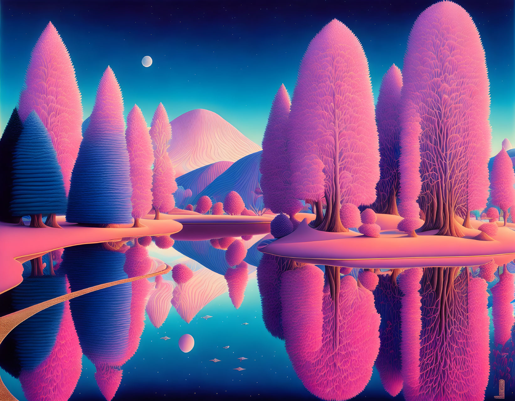 Surreal purple and pink landscape with stylized trees and moon