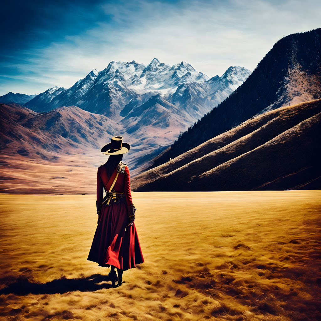 Person in Red Dress and Wide-Brimmed Hat in Barren Landscape with Snow-Capped Mountains