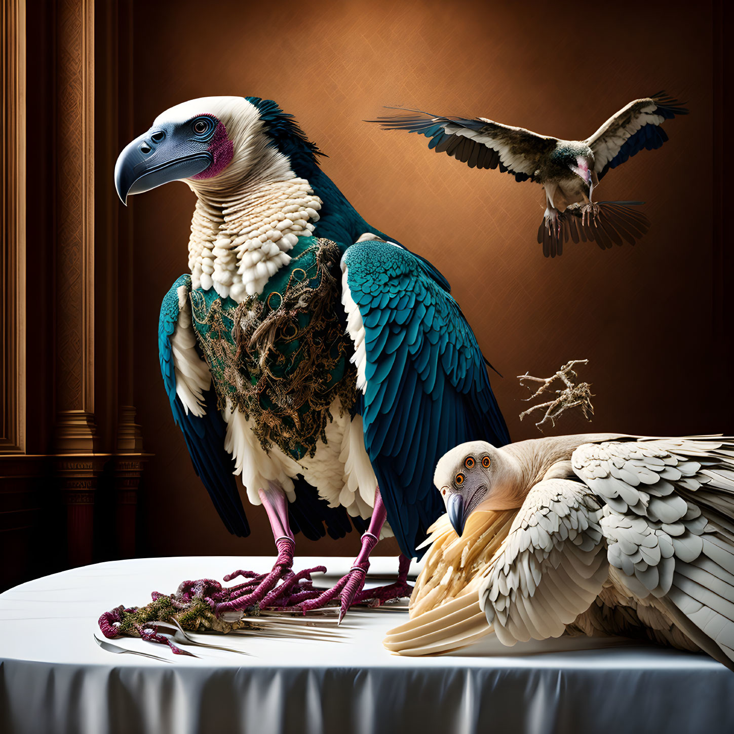 Surreal digitally altered image of large birds in elegant room