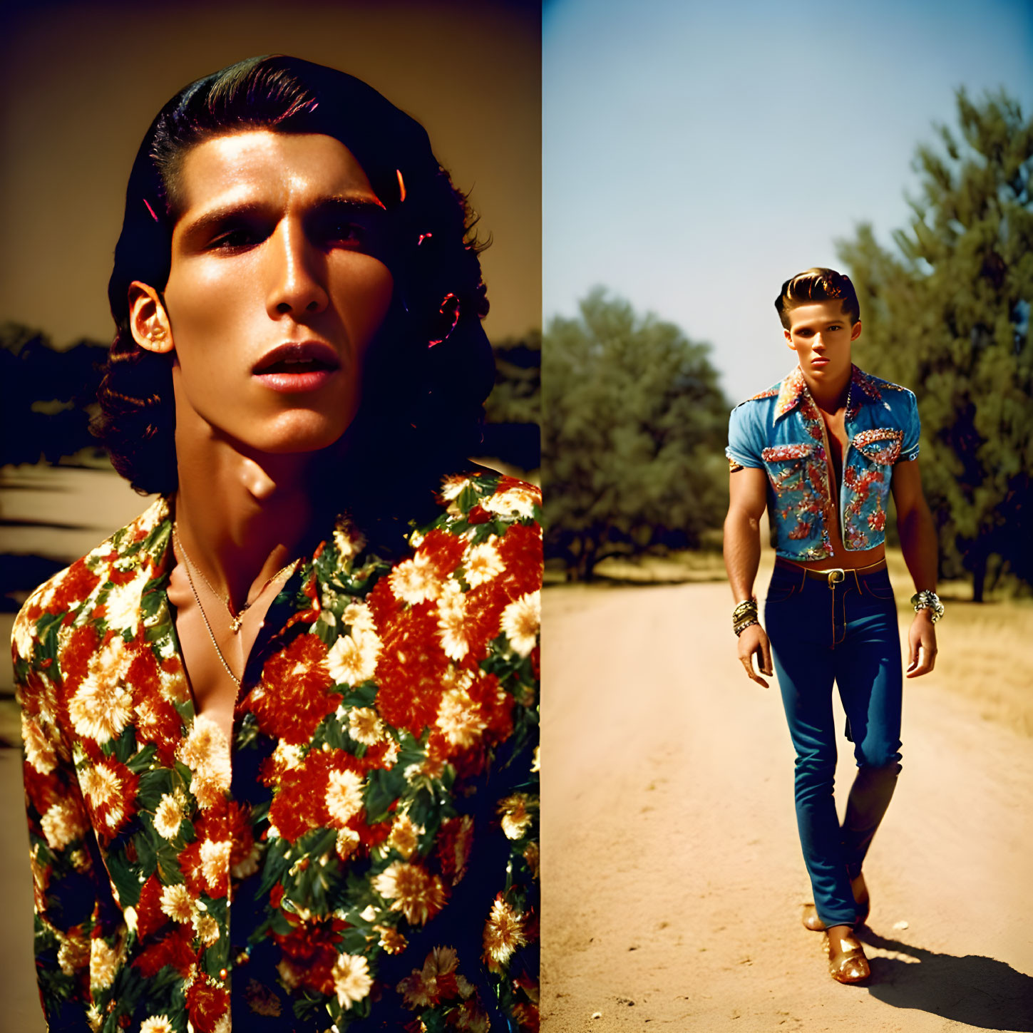 Two men in vintage attire on sandy path with retro hairstyles.