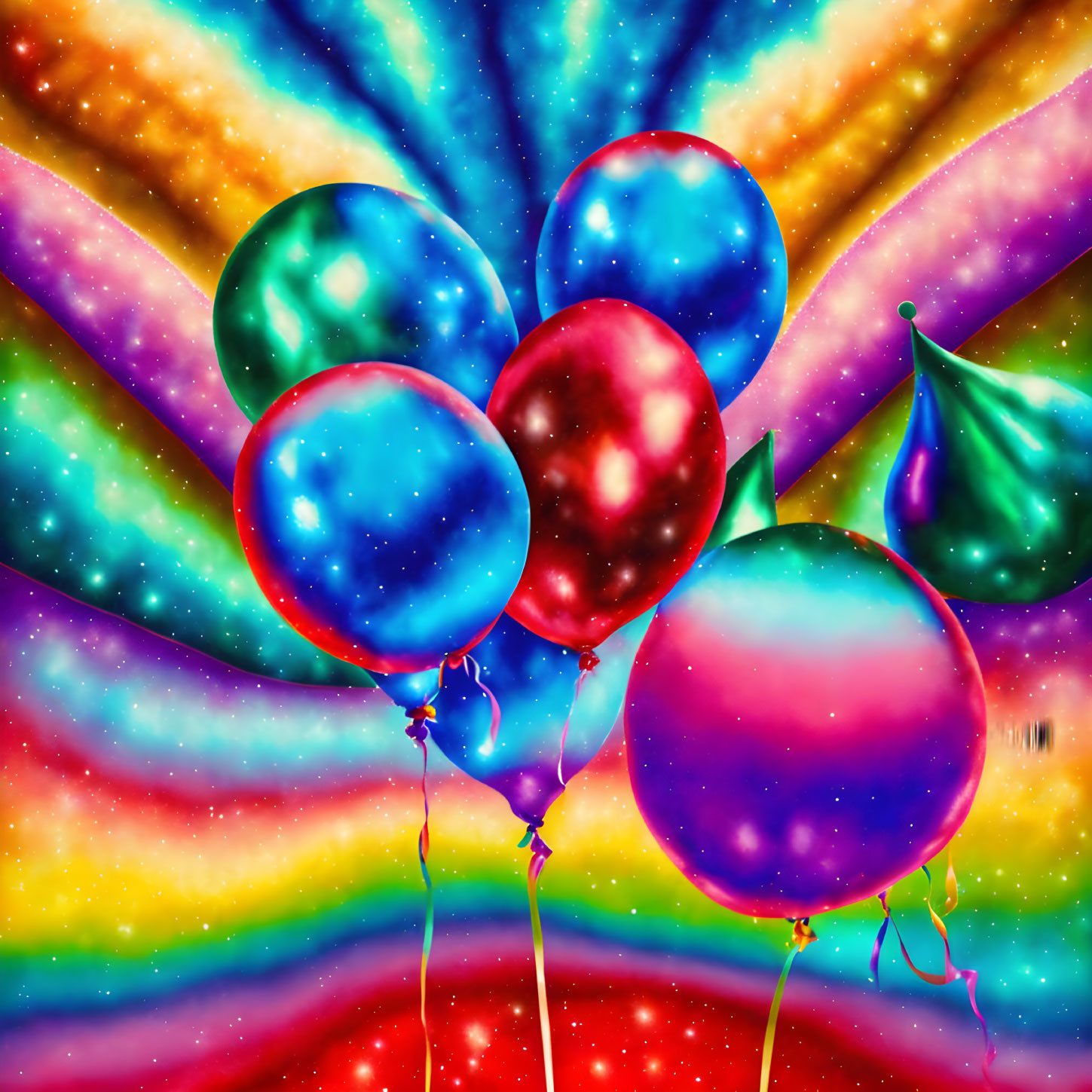 Colorful Balloons Floating in Front of Rainbow Tie-Dye Background