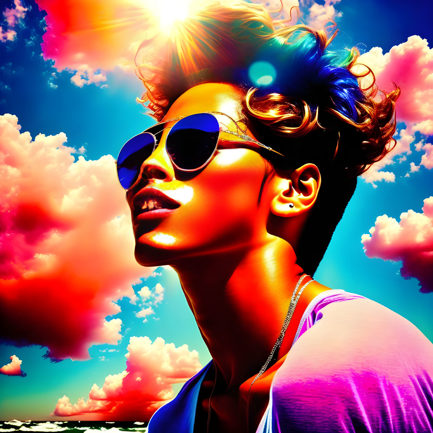 Colorful portrait with sunglasses, stylish hair, and cloudy backdrop