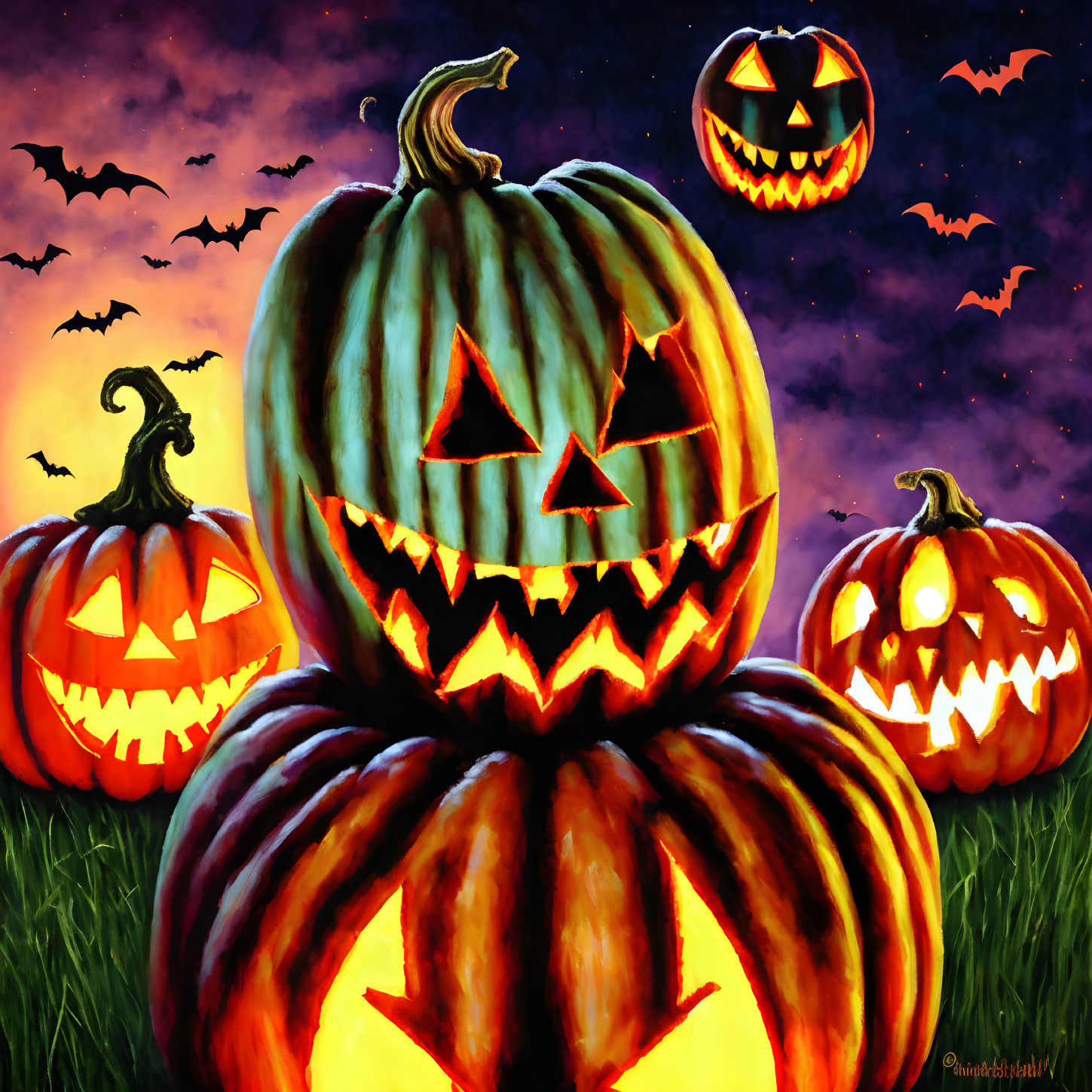 Vibrant Halloween illustration with jack-o'-lanterns, full moon, bats, and purple