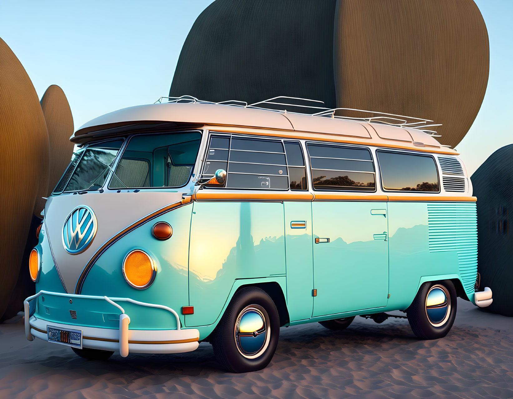 Vintage Teal and White Volkswagen Type 2 Bus on Sandy Terrain