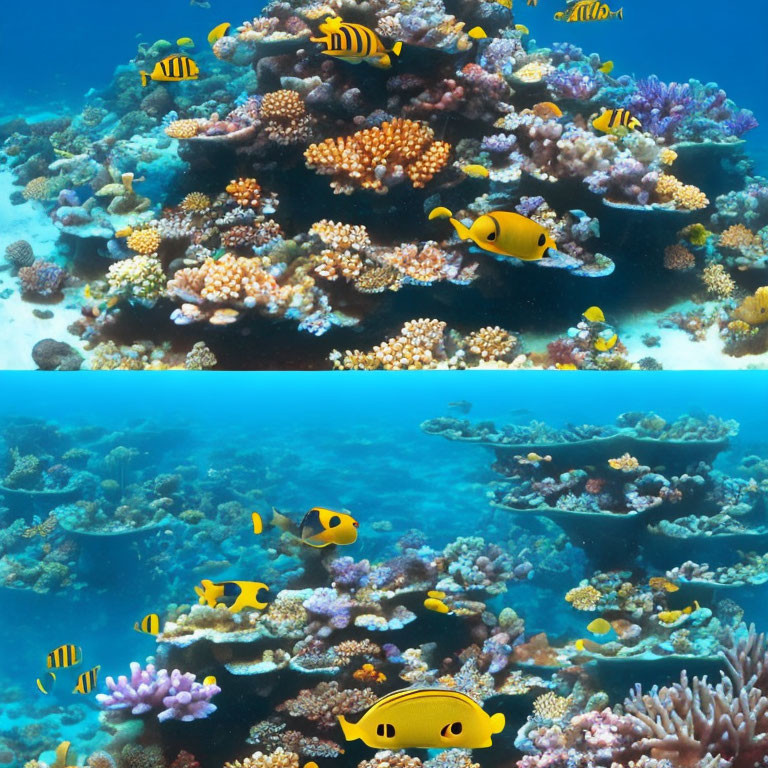 Colorful Coral Reef Scenes with Diverse Fish in Clear Blue Water