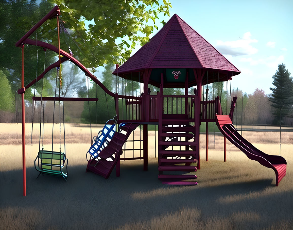 Vibrant playground structure with swings, slide, and climbing area in nature setting