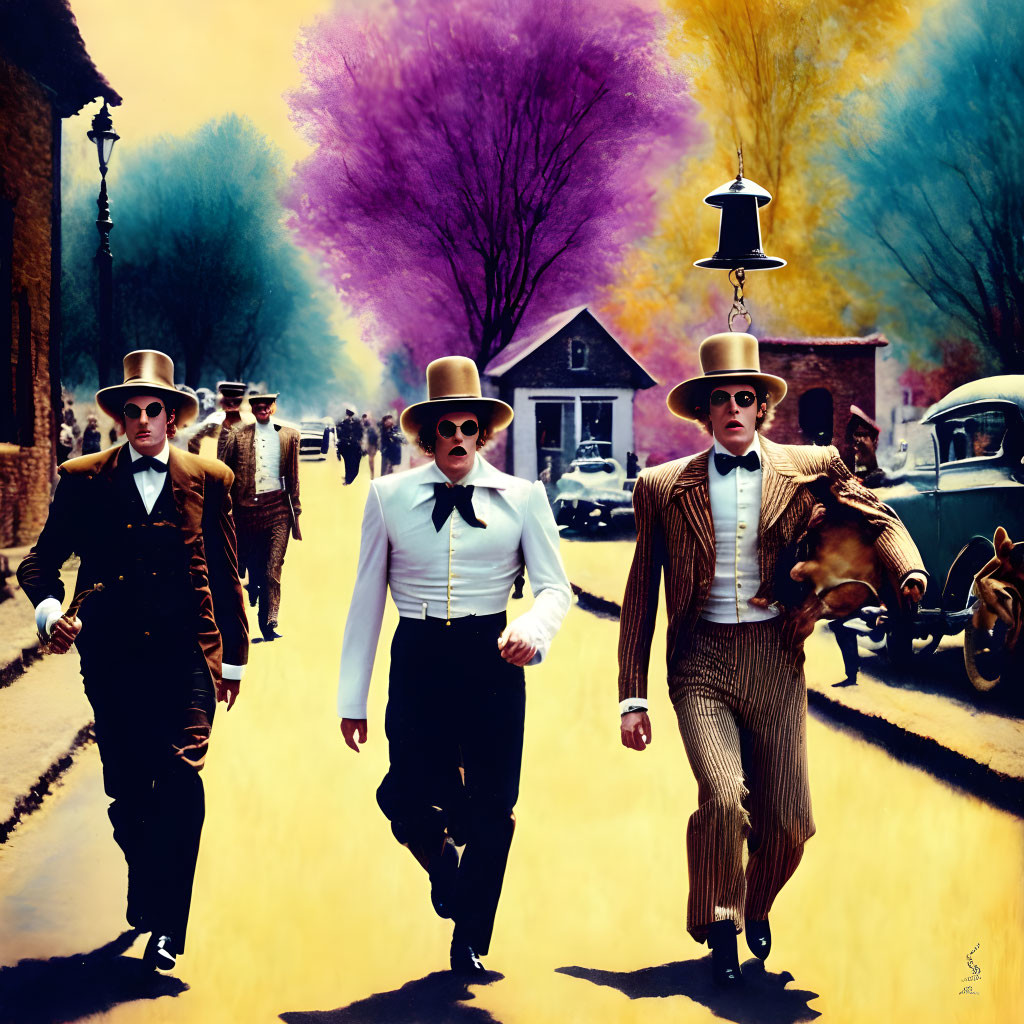 Vintage Outfits: Three Men in Bowler Hats Walking Down Colorful Street