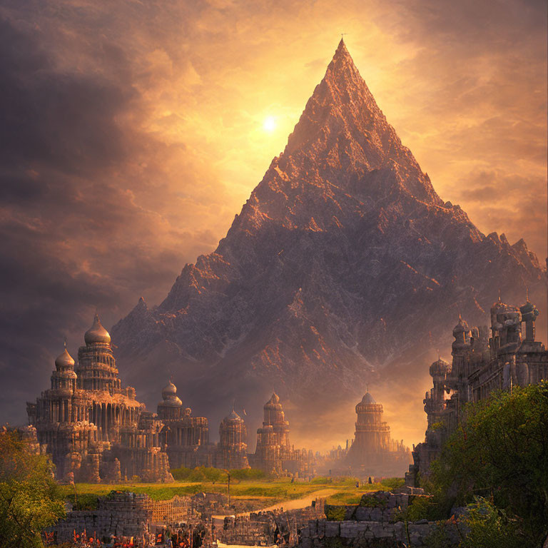 Mystical city at sunset with dramatic mountain backdrop